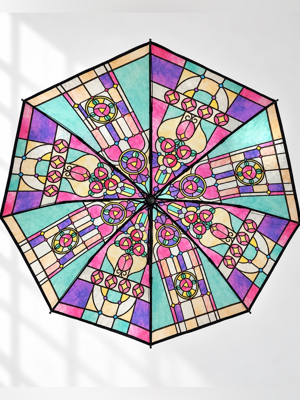Stained Glass Art Nouveau Compact Automatic Umbrella Clear Floral Church Print